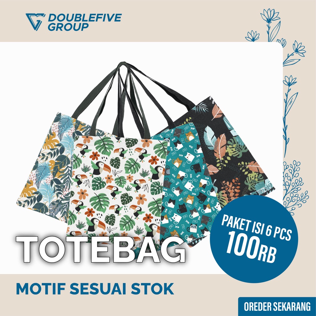 PAKET 100 RIBU 6 PCS Totebag Kekinian Motif Lucu Bahan Kanvas Penutup Resleting