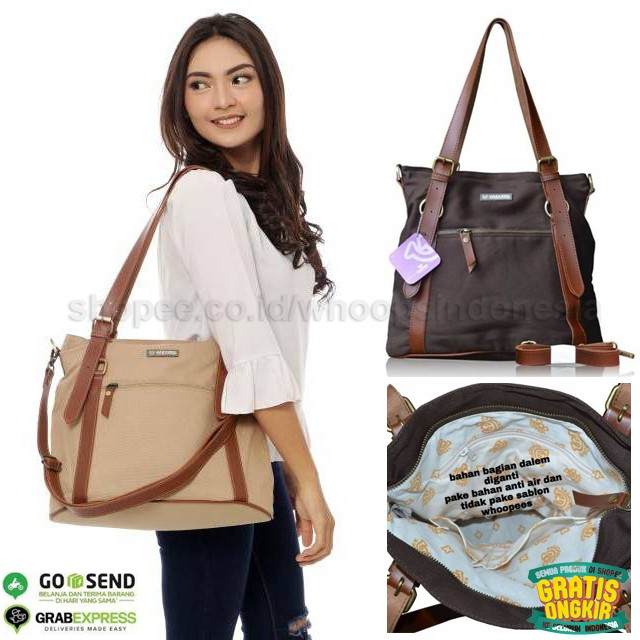 Tas Wanita Whoopees 5037 Tote Bag Selempang Sling Shoulder Hand Cantik Banded Tote Bag Canvas Murah