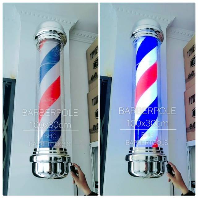 LAMPU BARBERSHOP IMPORT BARBERPOLE 100CM X 30CM LAMPU LOLIPOP MERAH BIRU PUTIH PANGKAS RAMBUT SALON