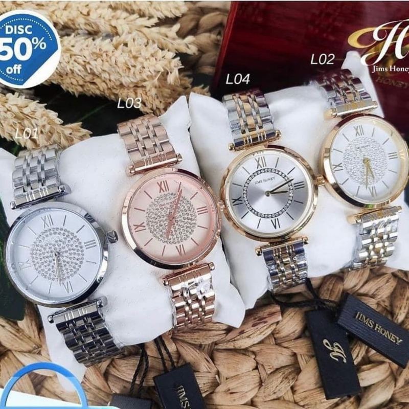 Jam Tangan Wanita JIMS HONEY 8419 Rantai Stainless Anti Air FREE BOX Kayu Arloji Cewek Mewah Import