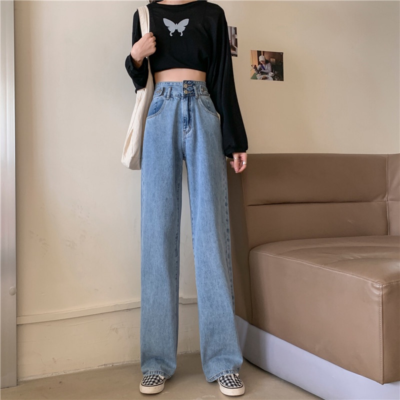 celana jens wanita highwaist loose Jeans double kancing korean style pants celana lebar kasual