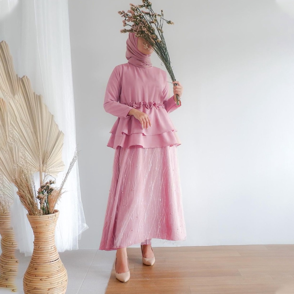 Ghania Dress Kondangan Tulle Mutiara / Dress Bridesmaid Maxi Brukat Modern / Baju Kondangan Wanita / Outfit Wanita Kekinian / Gamis Brukat Pesta Kondangan / Baju Wisuda Terbaru