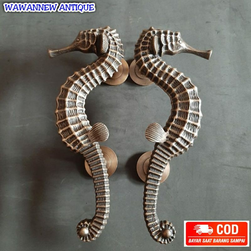 Handle Pintu / Gagang Pintu Rumah Pagar Kuningan Antik Murah Motif Kuda Laut 30cm