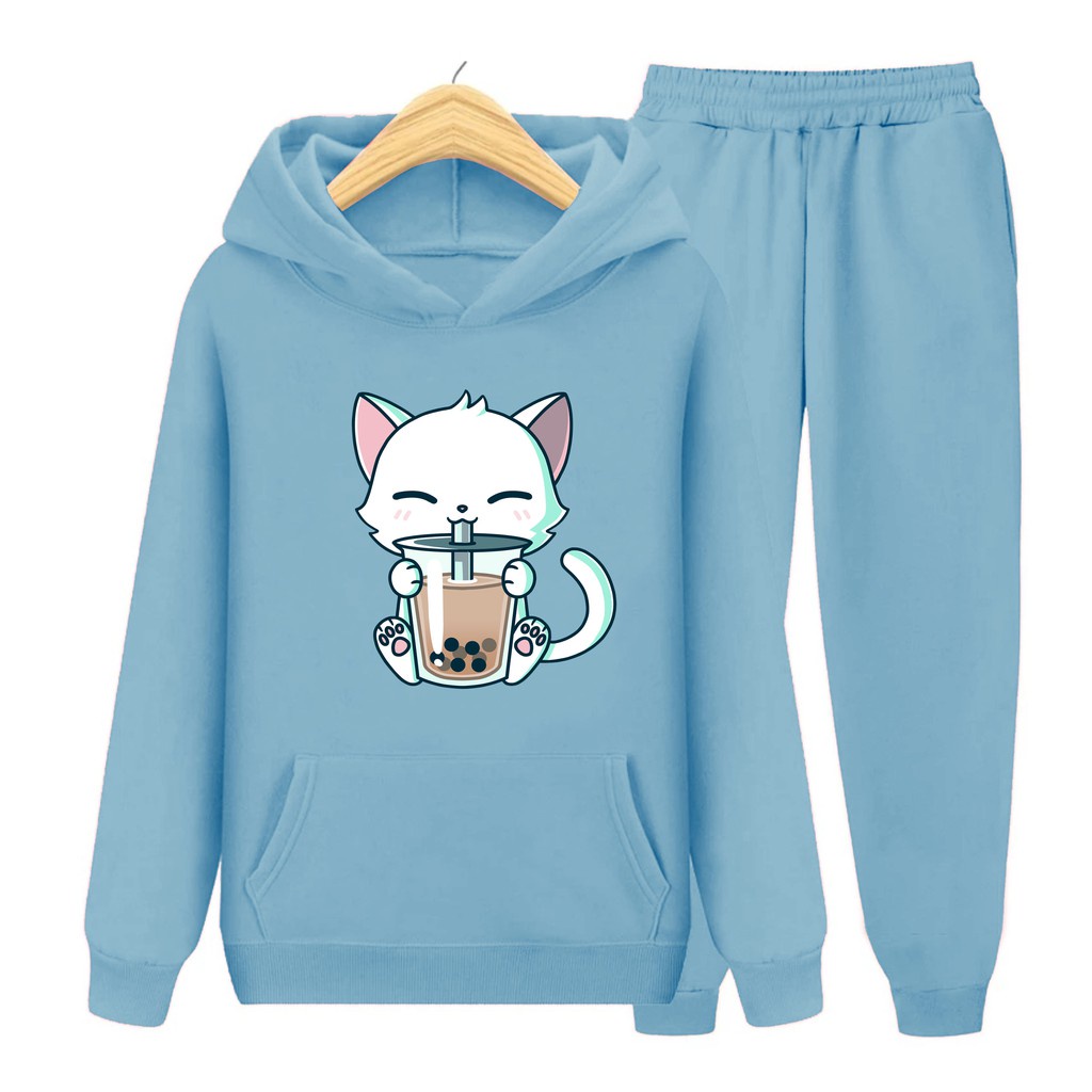 Setelan Anak Cat Boba / Kucing/ Sweater Hoodie Size S, M , XL, XXL