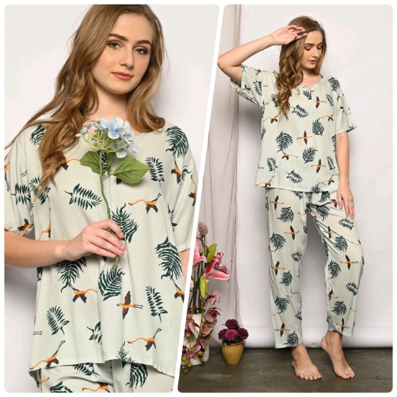 ONE SET PIYAMA RAYON STELAN CELANA PANJANG LENGAN PENDEK SLETING AKTIF-CPJ SLTG FLMGO BIRU