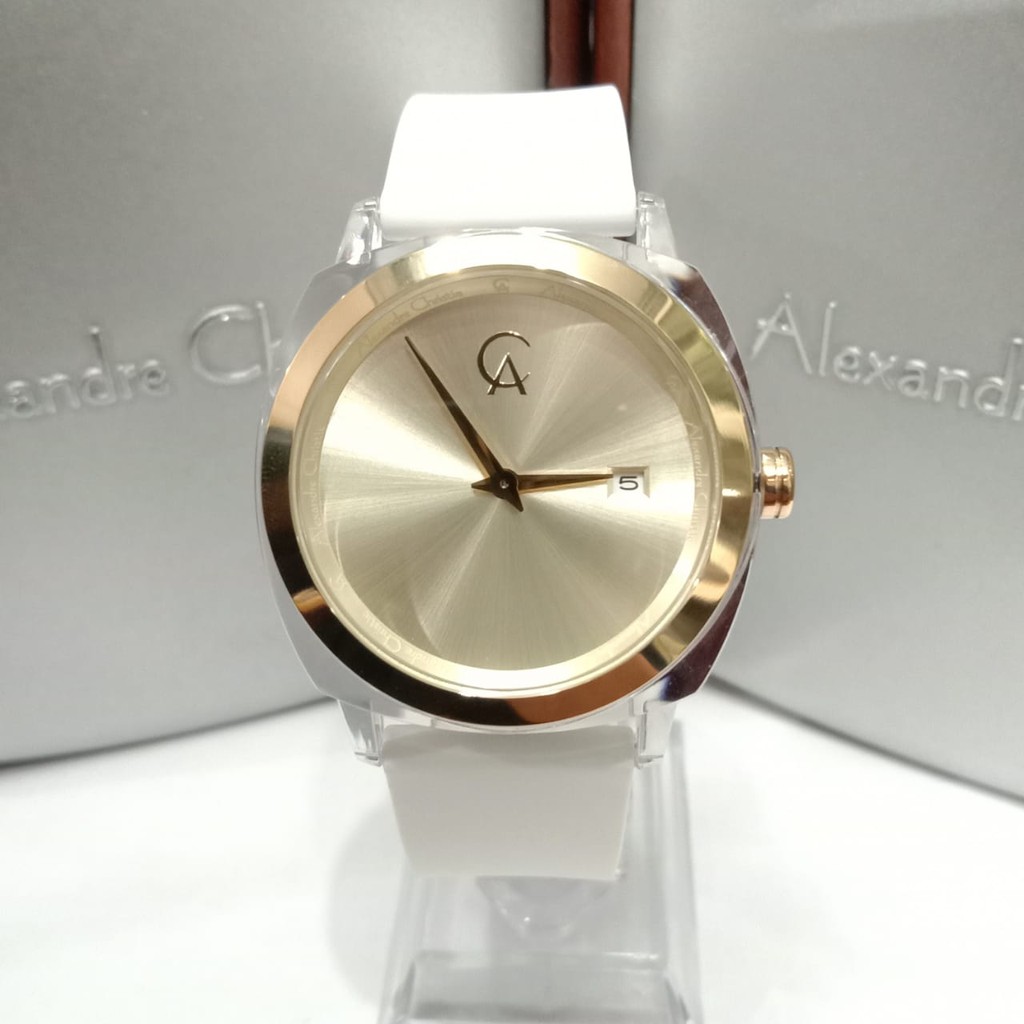 JAM TANGAN WANITA ALEXANDRE CHRISTIE AC 2763 GOLD WHITE RUBBER ORIGINAL GARANSI RESMI 1 TAHUN