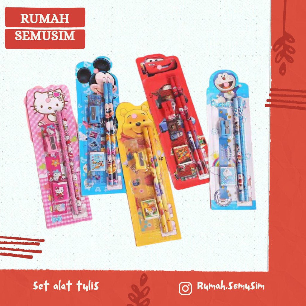 

souvenir set alat tulis pensil penggaris rautan penghapus karakter perempuan dan laki laki