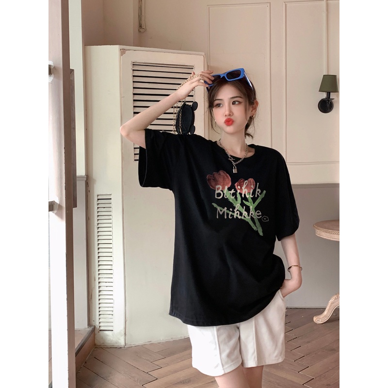 XIAOZHAINV Korean Style Tulip Pattern Printing Kaos Wanita A0005