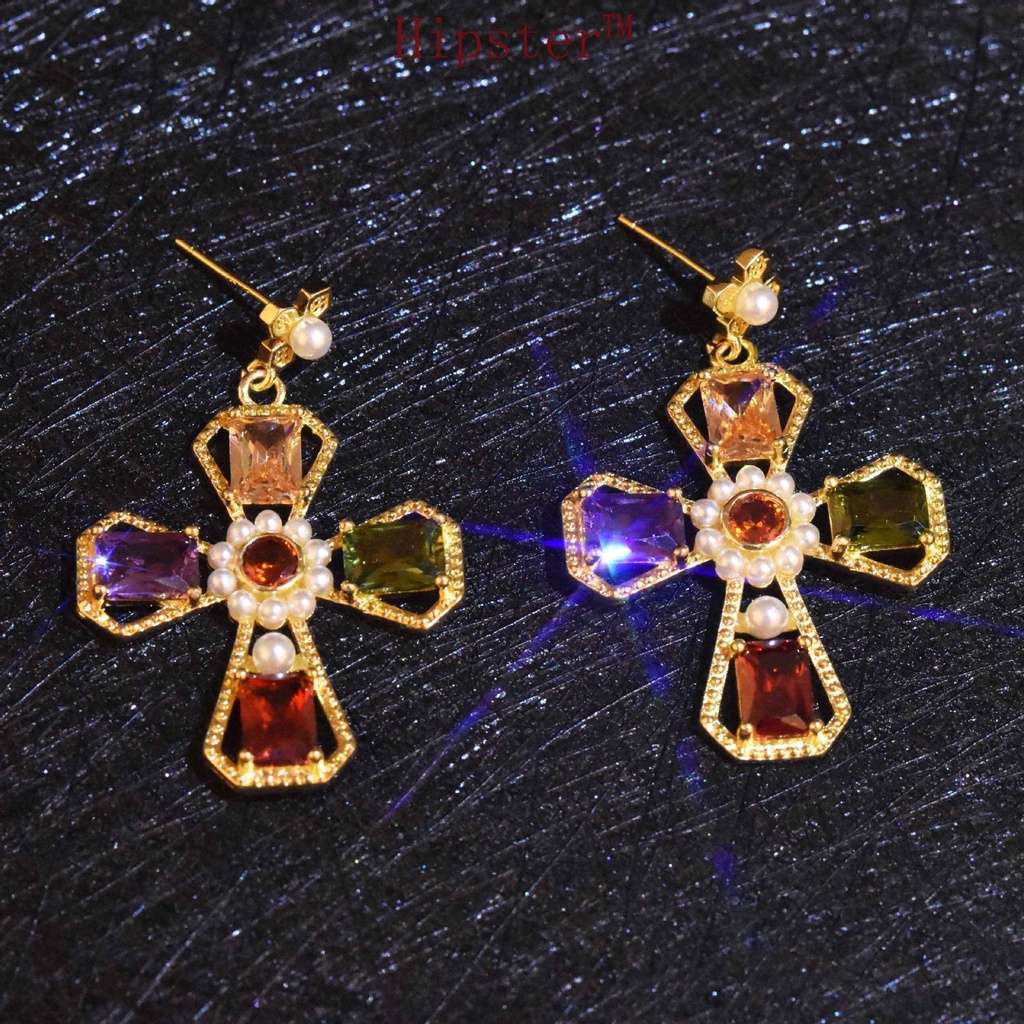 New Fashion Personalized Color Diamond Cross Stud Earrings