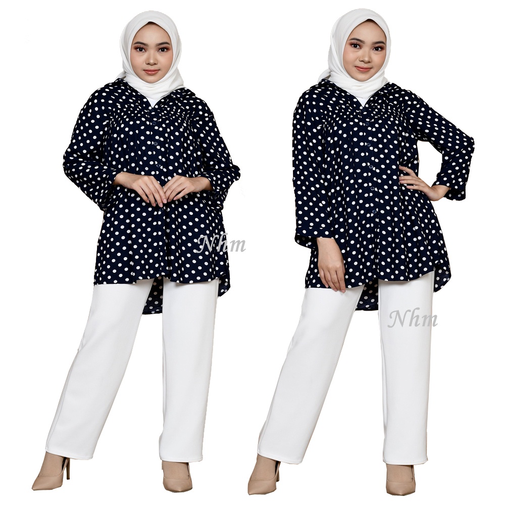 NHM Kemeja Wanita Kerja Santai, Baju Atasan Oversize Motif Polka