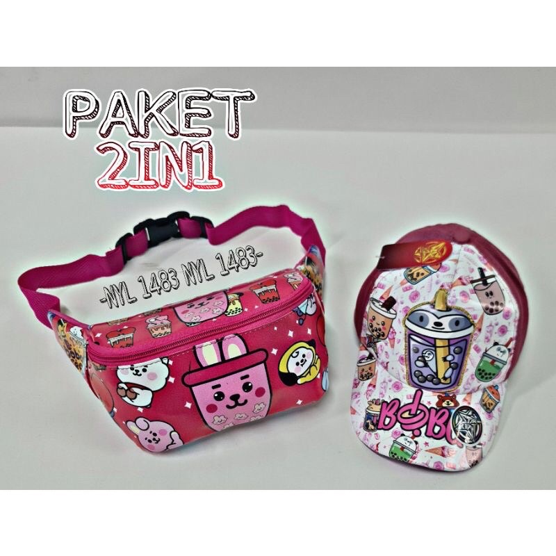 PROMO Tas Waist bag Anak  Motif Boba Drink dan Topi Anak BOBA