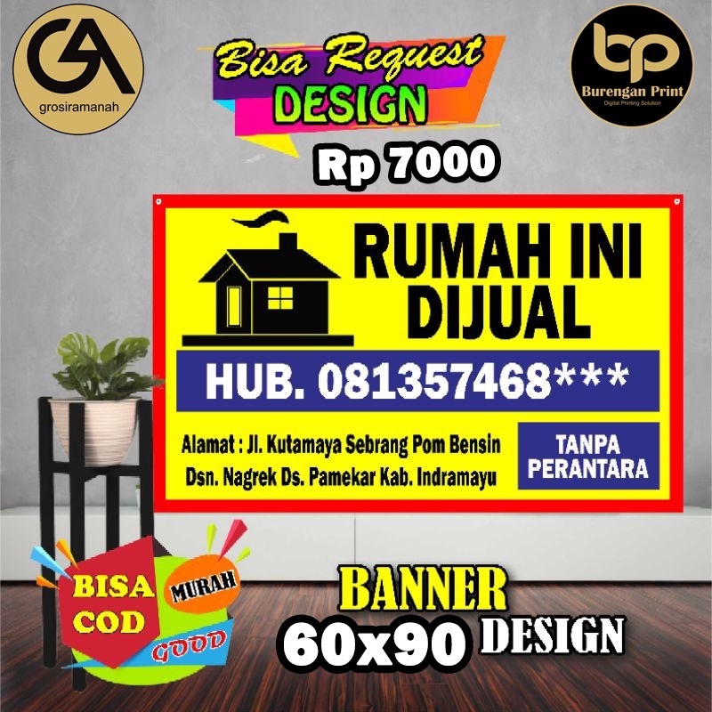 banner dikontrakkan spanduk rumah ukuran 60x90 cm rumah  free design 1 jam jadi