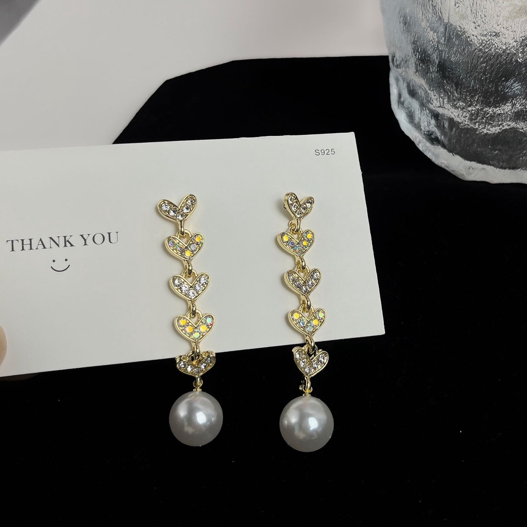 Anting Rumbai Panjang Desain Hati Aksen Mutiara Bahan Silver Needle Gaya Perancis Untuk Wanita