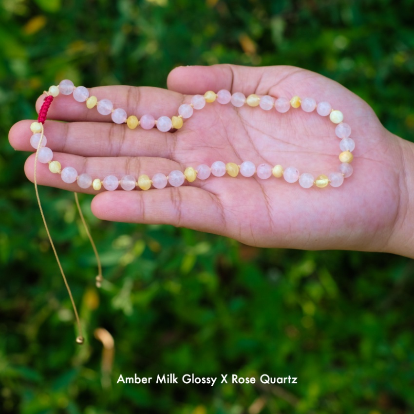 Kalung Amber Milk Glossy X Rose Quartz Resizeable [2181]