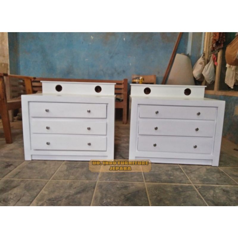 nakas laci drawer bedside table kayu jati laci warna putih duco