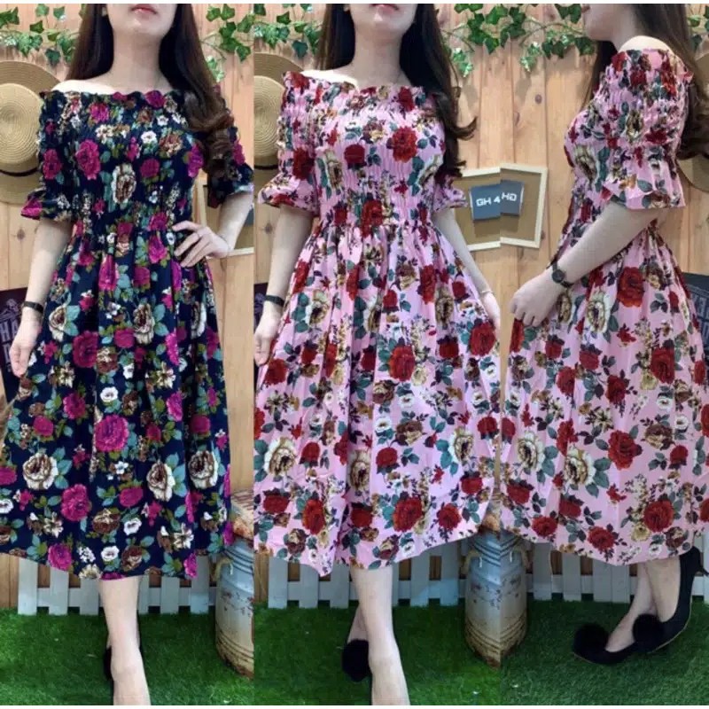 Dress sabrina bunga dress flower smoke dada kerut