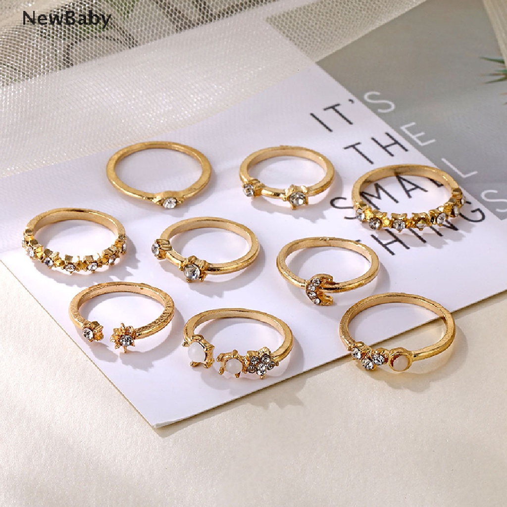 9pcs / Set Cincin Jari Desain Bulan Bintang Aksen Kristal Gaya Vintage Boho Untuk Wanita