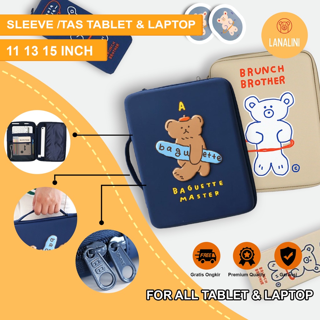 Sleeve Pouch Sarung Tas Bag Case Ipad Tab Tablet Macbook Air Pro Laptop Asus Acer Lenovo HP Huawei 11 12 13 14 15 inch Motif Gambar Karakter Beruang Bear Warna Biru Navy Beige Cream Lucu Cute Murah Korean Model Banyak Slot Ruang Stationary Tebal