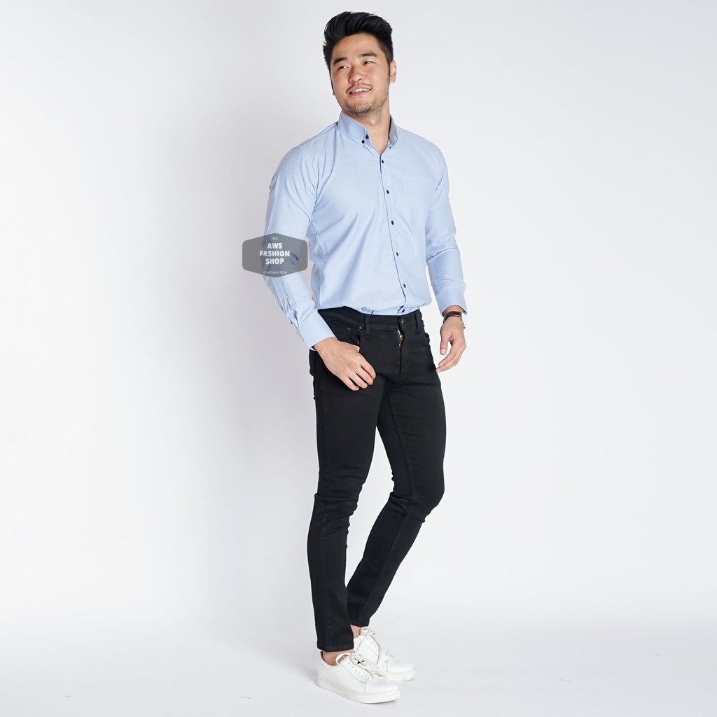 Baju Kemeja Lengan Panjang Pria Polos Oxford Biru Muda Soft Blue Casual Slimfit 3371