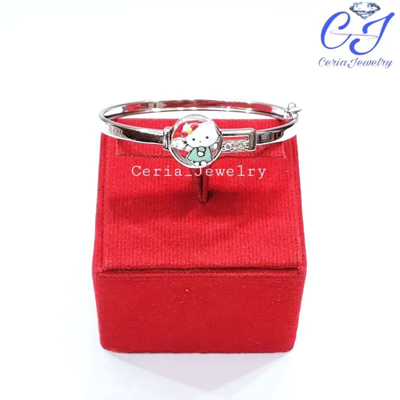 Gelang Perak Anak Asli Silver 925 Lapis Emas Putih Model Bangle Karakter Hellokitty Kembar