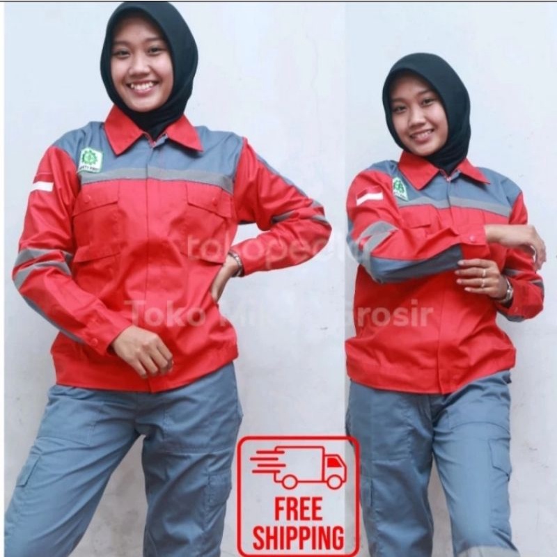 SETELAN SERAGAM SAFETY MERAH ABU ABU