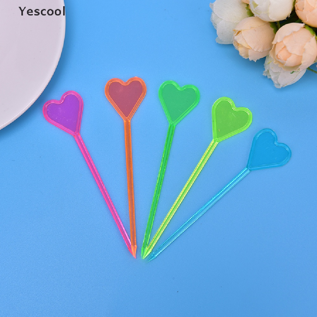 Yescool 50pcs Garpu Buah / Dessert Sekali Pakai Bentuk Hati / Panah Bahan Plastik