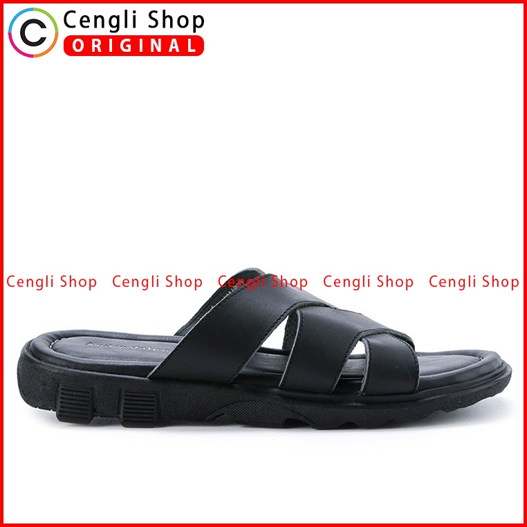 SANDAL SLIDE KULIT ANDRE VALENTINO PRIA ORIGINAL CASUAL HITAM AVM10