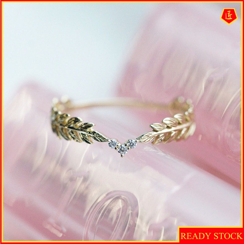 [Ready Stock]Creative Simple Gold Leaf Diamond Ring