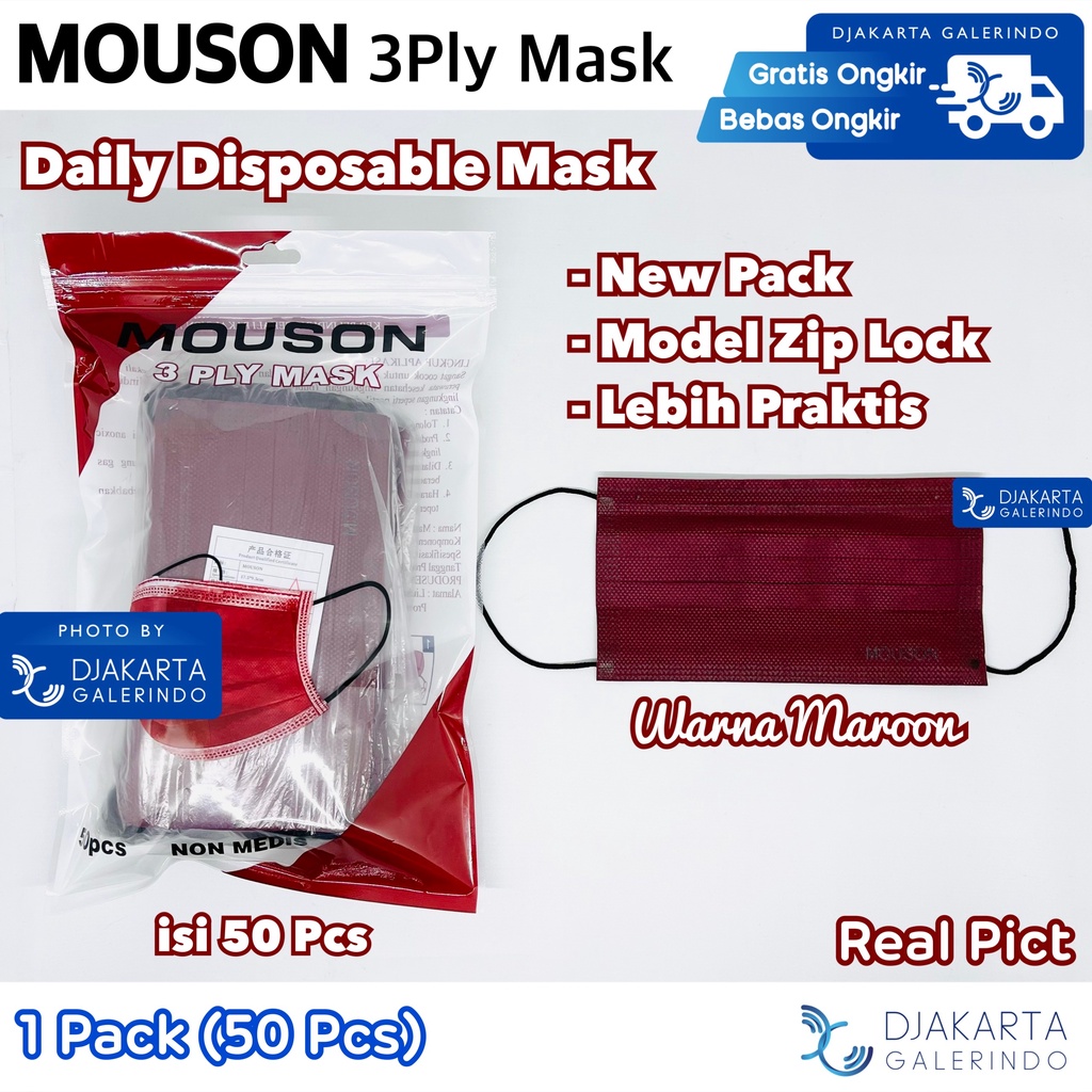 Masker Earloop Mouson Maroon 3Ply / Masker Maroon Earloop 3Ply - isi 50 Pcs