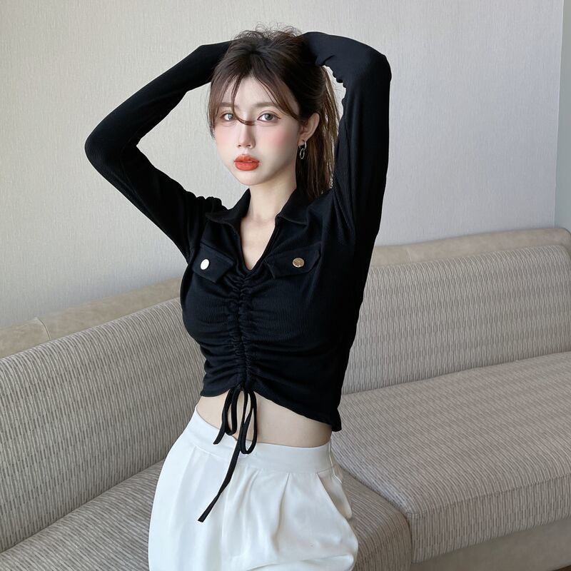 Suhao American Top Pure Desire Personality Care Machine Kerah Polo Serut Pendek Pinggang Tinggi T-sh