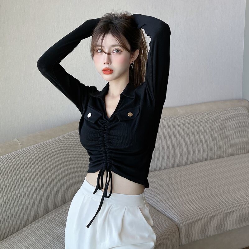 kaos wanita gaya korea pendek high-waisted POLO kerah lengan panjang serut T-shirt top wanita seksi