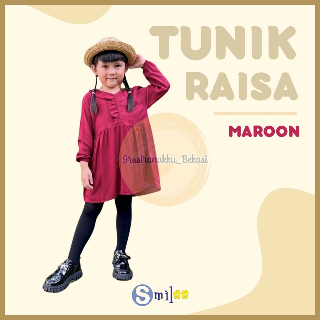 Tunik Anak Raisa Smilee Rayon  Warna Maroon Size 2-10 Tahun