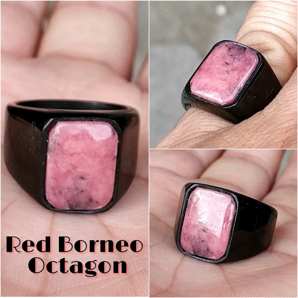 CINCIN BATU AKIK NATURAL RED BORNEO MINIMALIS OCTAGON TITANIUM HITAM