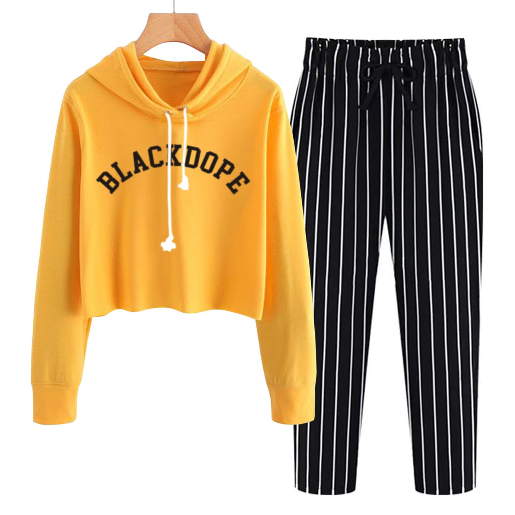 BESS - Baju Setelan Wanita Murah / Setelan Hoodie Crop + Celana Salur Hitam - BLACKDOPE