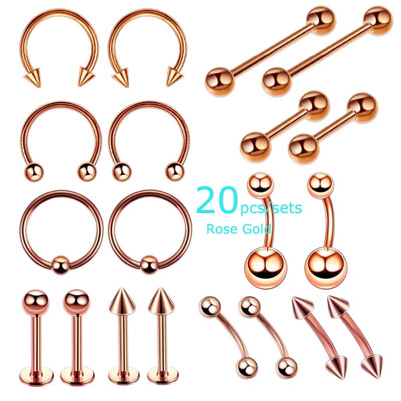 20Pcs / Set Cincin Tindik Tubuh / Lidah / Alis Bahan Stainless Steel 16G