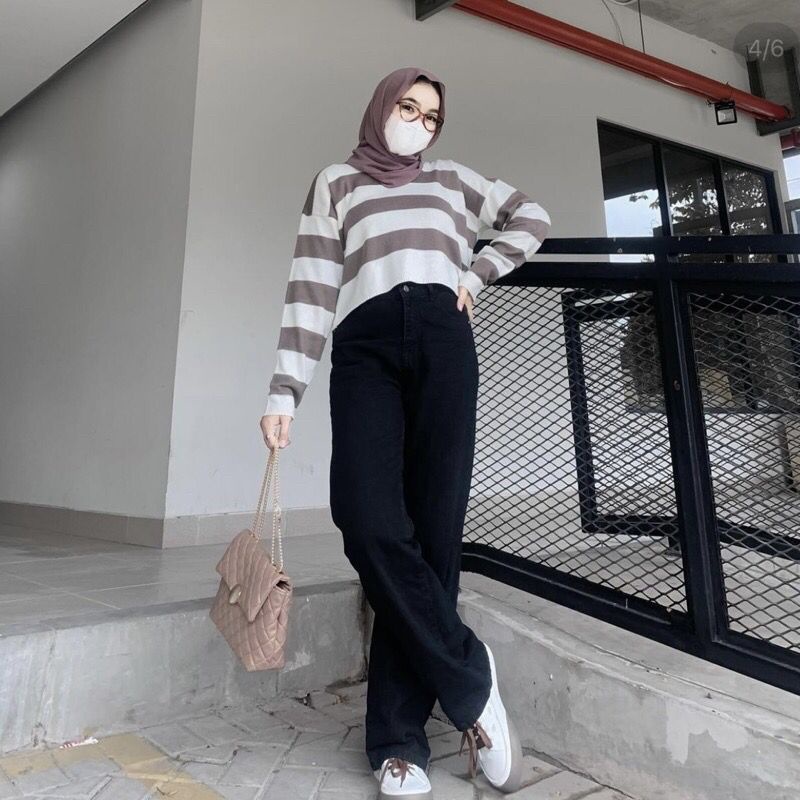 CROP RAJUT ALDA STRIP READY GARIS OVERSIZE | BLOUSE RAJUT MOTIF GARIS (RESTOCK SOON)