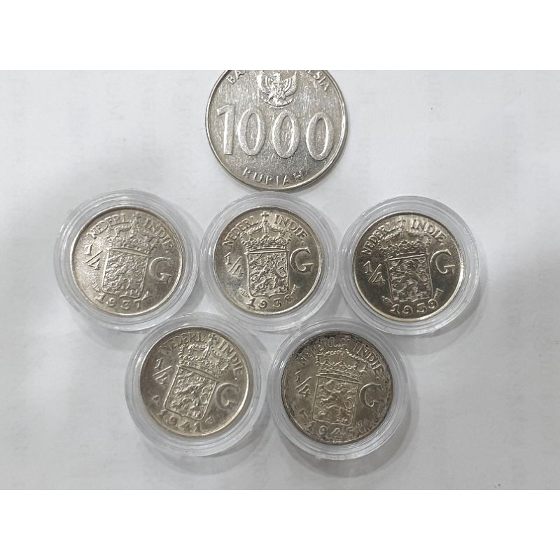 Set 5 keping gulden koin kuno perak asli silver 1/4 gulden 1/4G 1937 1938 1939 1941 1945 Nederl. Ind