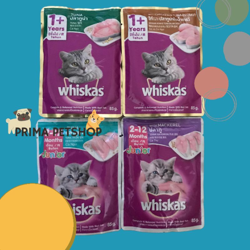 WHISKAS POUCH SACHET 85G/80G 1+ dan WHISKAS JUNIOR TUNA WET CAT FOOD untuk anak kucing