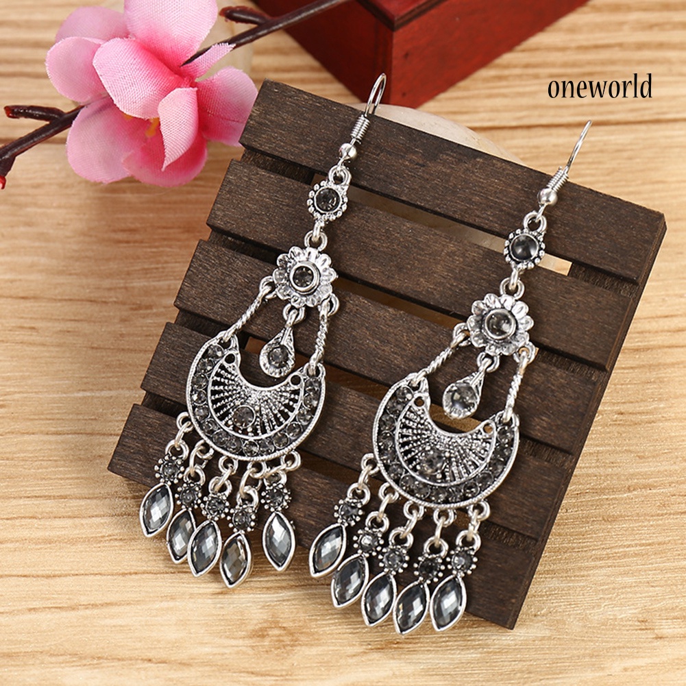 OW# Bohemian Women Rhinestone Crescent Moon Long Fringe Hook Earrings Jewelry Gift