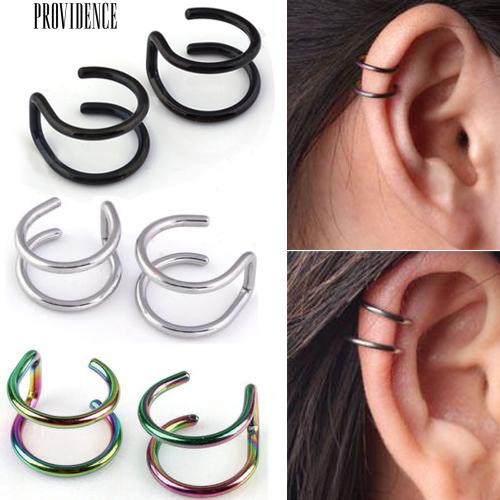 Stainless Steel 2-Row Palsu Cartilage Telinga Hidung Bibir Cuff Clip On Earrings Hadiah