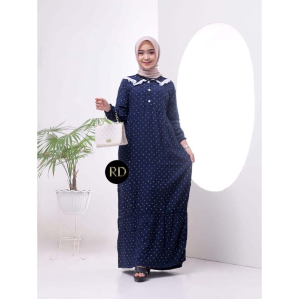 gamis muslimah terbaru poky dress bahan rayon super premium motif polka ld 110