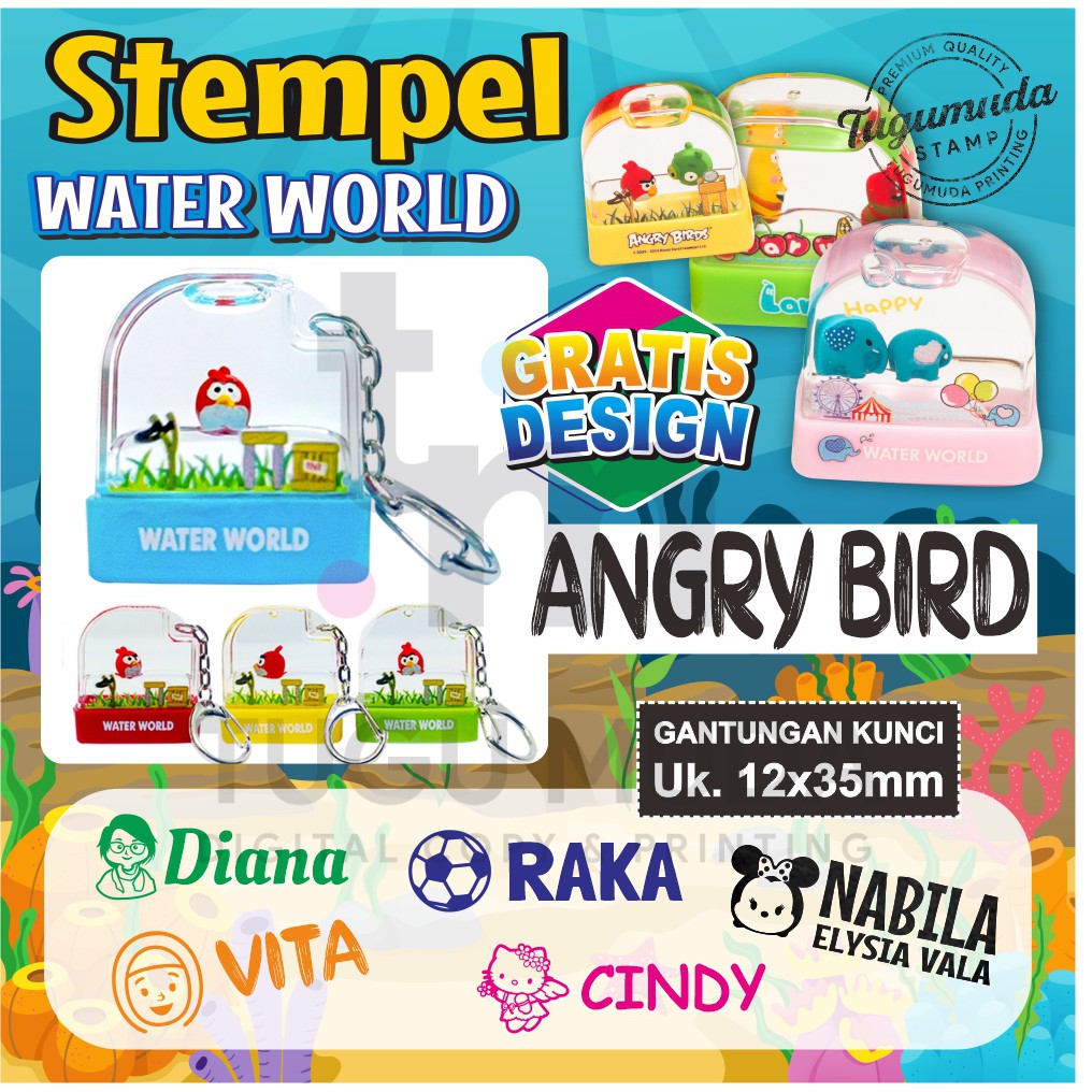 Stempel Lucu Nama Anak/Buku/Perawat/Suster/NIP/Dokter-Gantungan Kunci Water World-ANGRY BIRD