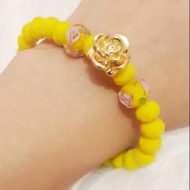 Gelang Manik Kristal Kuning Bunga Lampwork ( 2 bh )