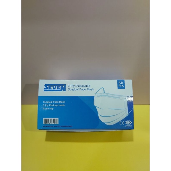 Masker Medis 3 ply merk SEVEN kemenkes isi 50 pcs/box .1 karton isi 50 box
