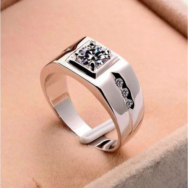 Cincin Tunangan Warna Silver dengan Batu Putih untuk Pria