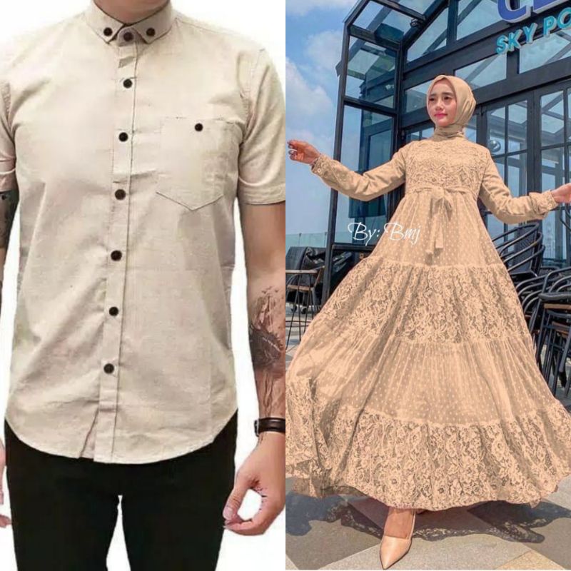 COUPLE GAMIS NADIRA BROKAT DAN HEM POLOS/GAMIS MUSLIM WANITA/DRESS KONDANGAN