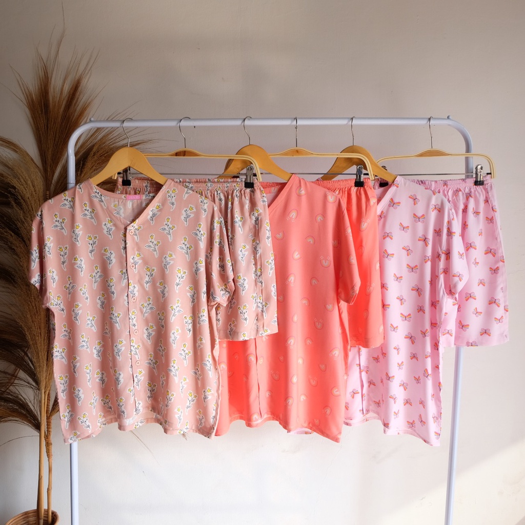 setelan piyama rayon EMMA LD 110 dewasa celana pendek baju tidur harian bahan lembut menyusui friendly