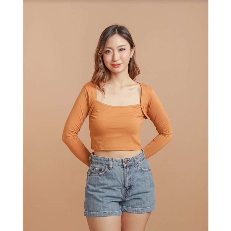 MODAVIE - LAURA Longsleeve Square Crop Top Korean Style Baju Atasan Wanita Lengan Panjang Crop Tee