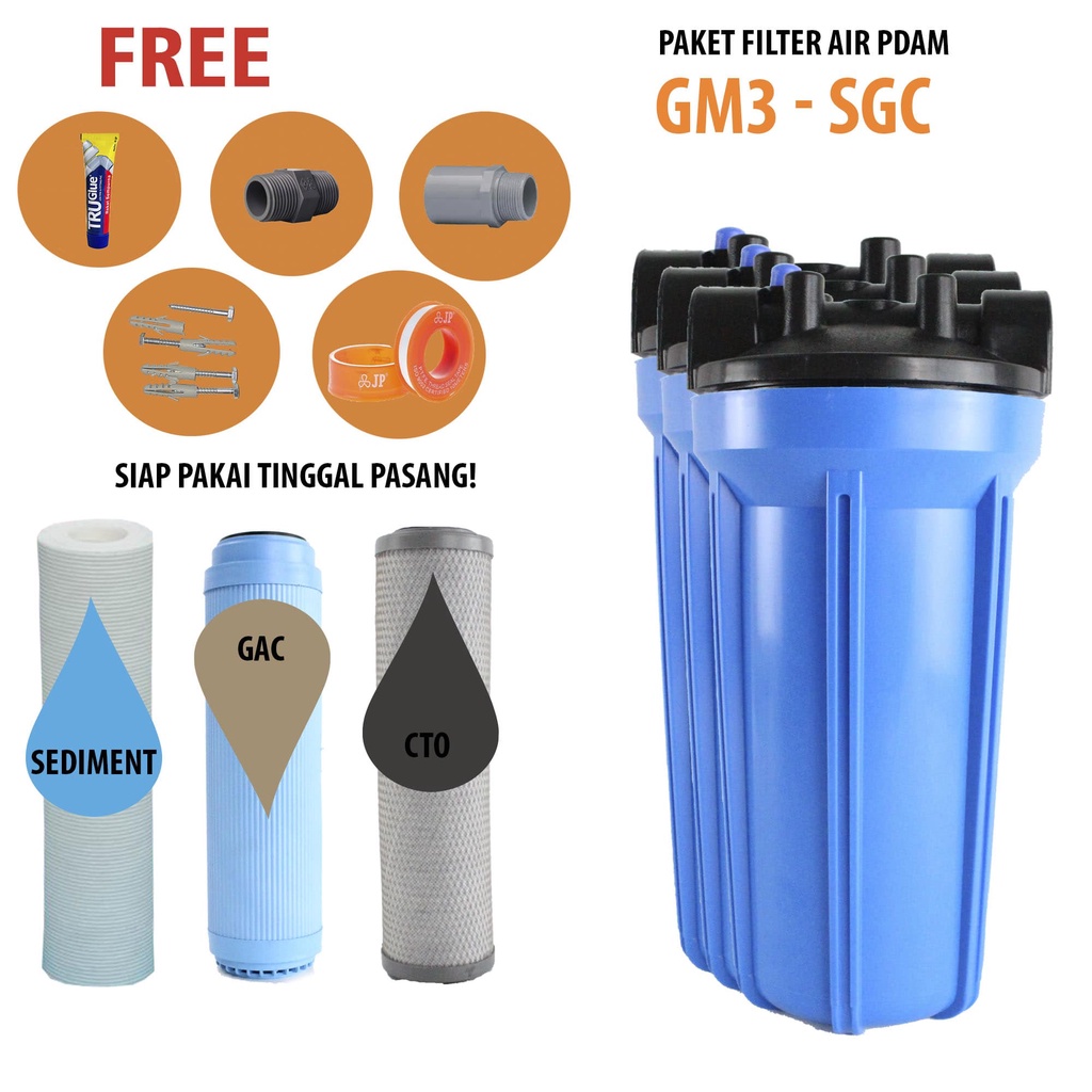 Paket GM 3 Saringan / Filter Air Siap Pakai (Blue 10&quot; drat 3/4&quot; SGC)