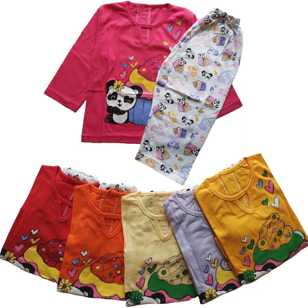 Piyama Anak Lengan Panjang Baju Tidur Anak Bahan Kaos Katun Cewek Perempuan Setelan Pakaian 1-6Tahun